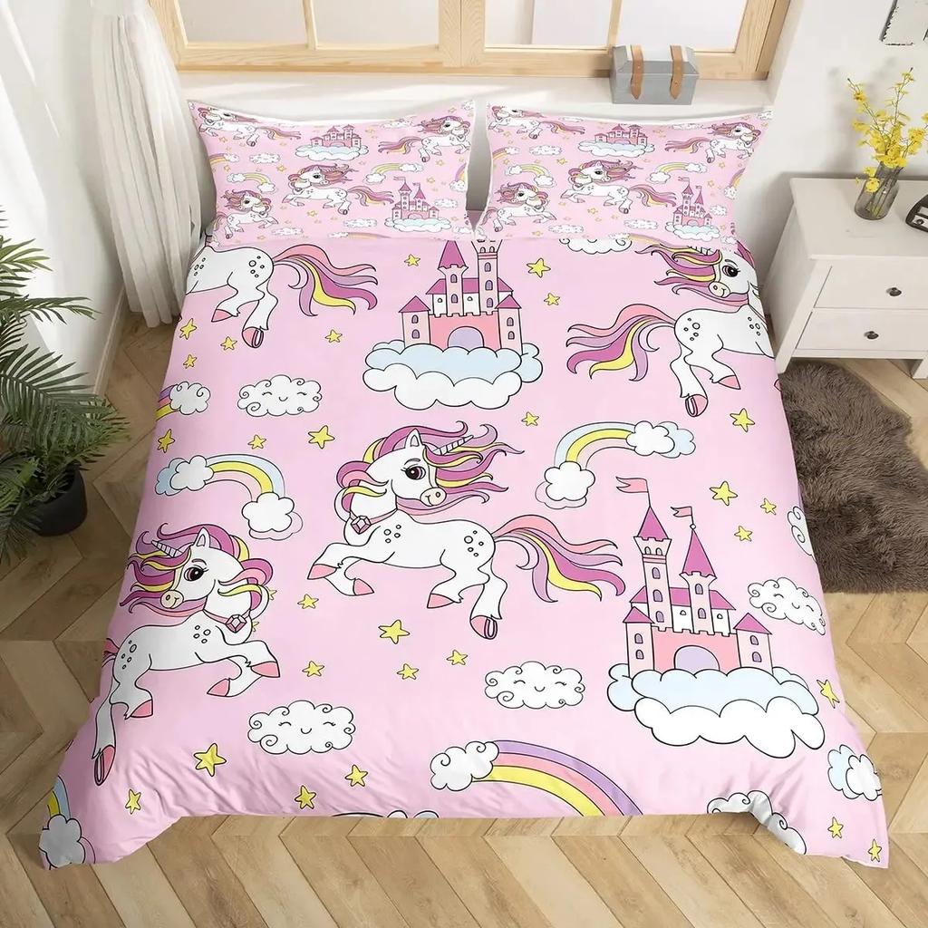 Unicorn Cat Duvet Cover Set Queen,Rainbow Unicorn Bedding Set,Girls Cartoon Magical Animal Sweet Icecream Comforter Cover