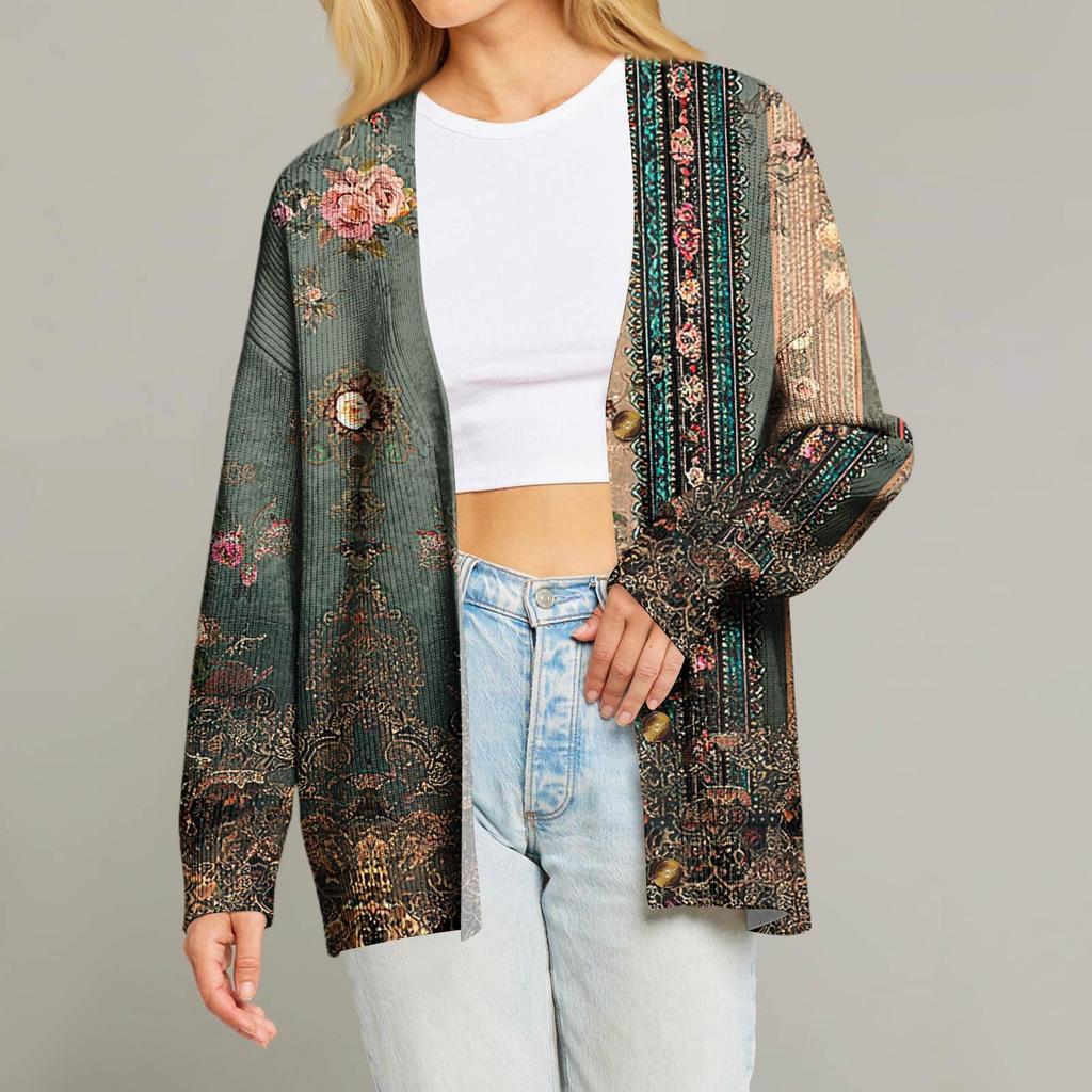 Dámský módní kardigan s dlouhým rukávem, vánočním potiskem, výstřihem do V a knoflíky, volný top