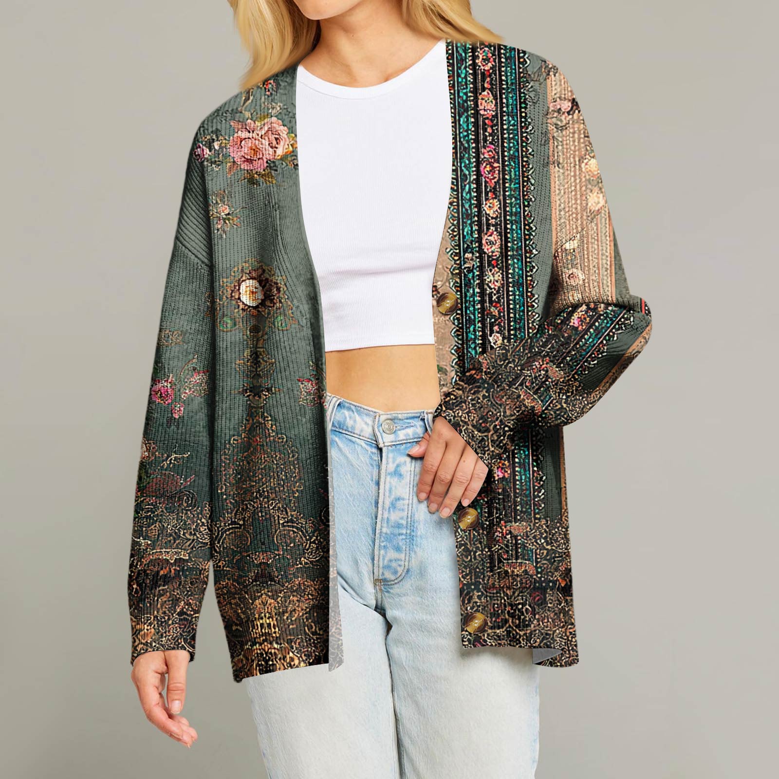 

Женский модный кардиган с длинным рукавом, V-образным вырезом, на пуговицах, свободного кроя, с рождественским принтом XL