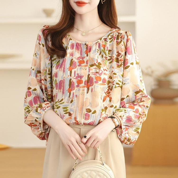 French Retro Floral Print Womens Shirt Trendy Blouse Feminine Tops