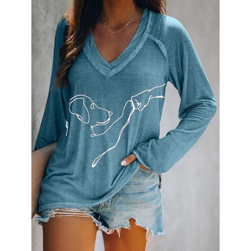 ilstile Women's Dog Print T-Shirts Summer Casual Loose Long Sleeve V Neck Tops White Black Blue Green T Shirt Hot Sale