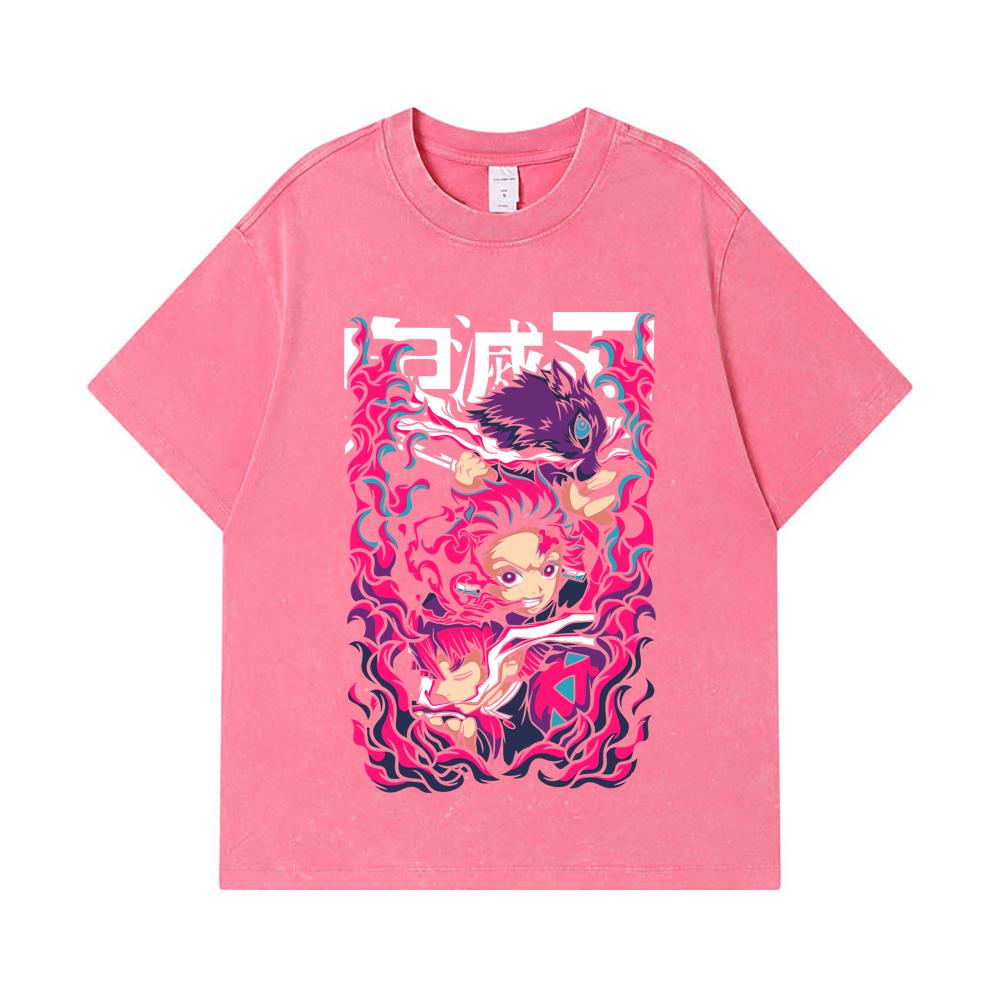 275 GSM Washed T-shirts 100% Cotton Demon Slayer V78 Print Unisex Heavy Cotton T Shirt