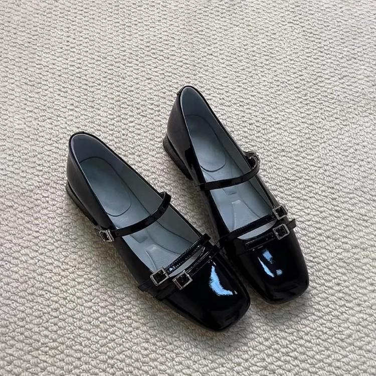 Sheepskin Version~ French Patent Leather Black Versatile Small Single Shoes One-word Buckle Shallow Mouth Square Head Niche Design Mary Jane Shoes