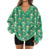 Women's Fashionable V-neck Christmas Printed Long Sleeved Casual Pullover Plush Warm Pocket Sweatshirt Top