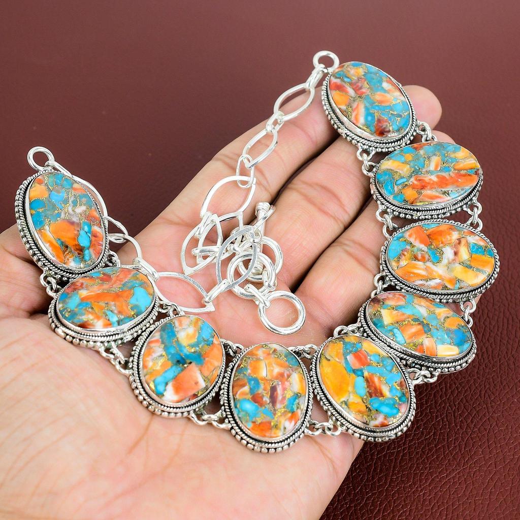 Spiny Oyster Copper Turquoise Gemstone Necklace 925 Sterling Silver Necklace Handmade Adjustable Chain Necklace Vintage Jewelry Gift For Mom