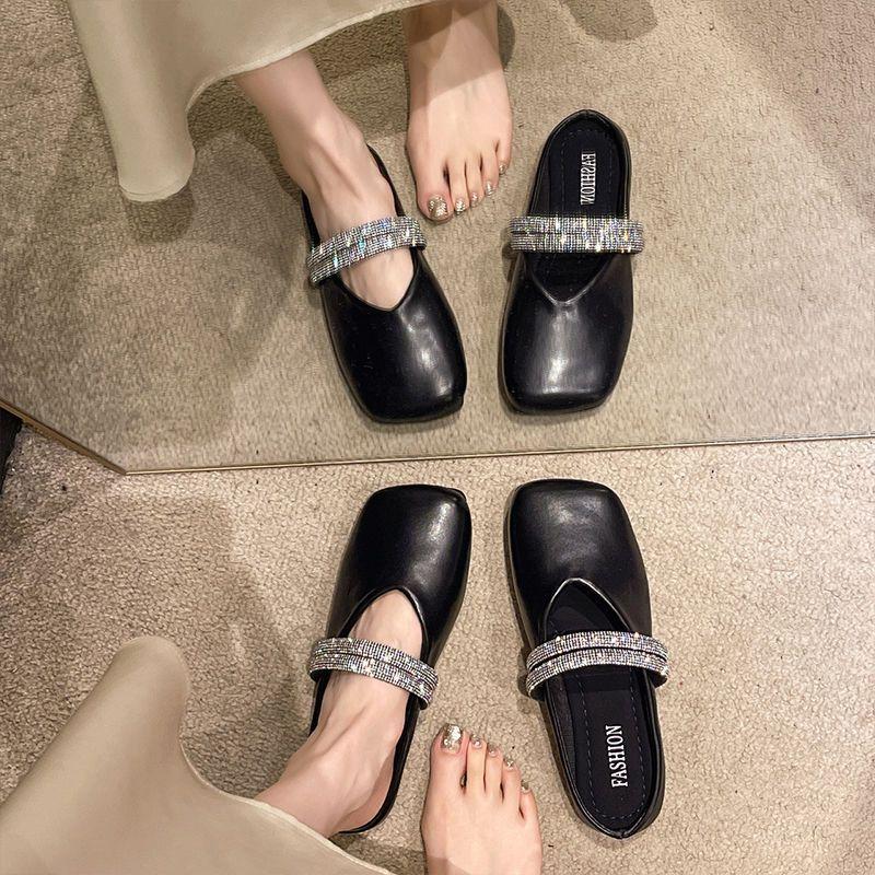 Square Toe Flat Sandals Rhinestone Woman Slippers High Quality Easy Wears Slides 2025 Luxury New Style Vip Mules Shoes for Women