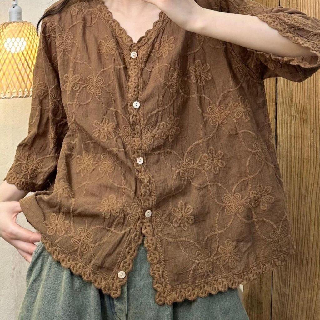 Summer Mori Girl Cotton Blouse with Floral Embroidery and V-Neck