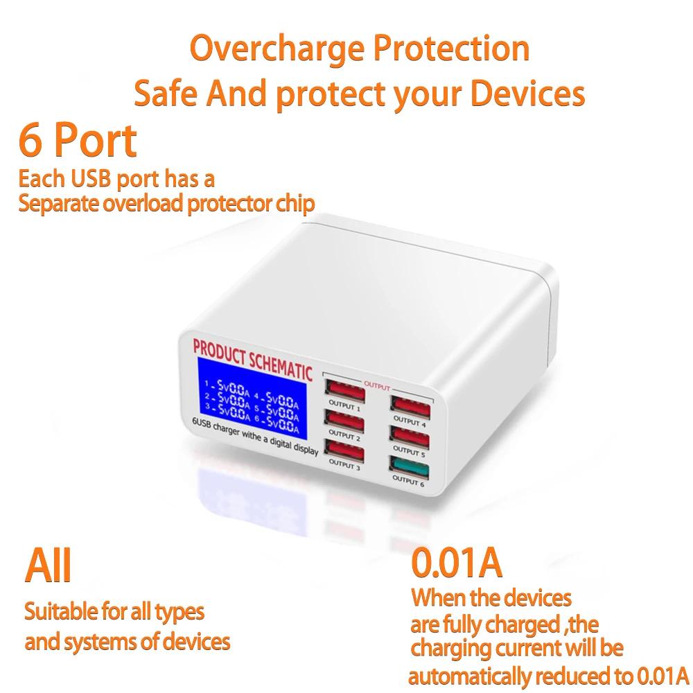 QC 3.0 USB Charger Station with LCD Display 6 USB Ports Desktop Smart Fast Charging HUB Stands for IPhone Por MAX Tablet PC