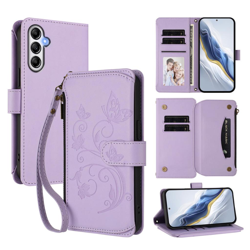 For Samsung Galaxy A56 5G/Galaxy A36 5G Leather Case Butterfly Floral Imprint Zipper Wallet Stand Cover with Wrist Strap