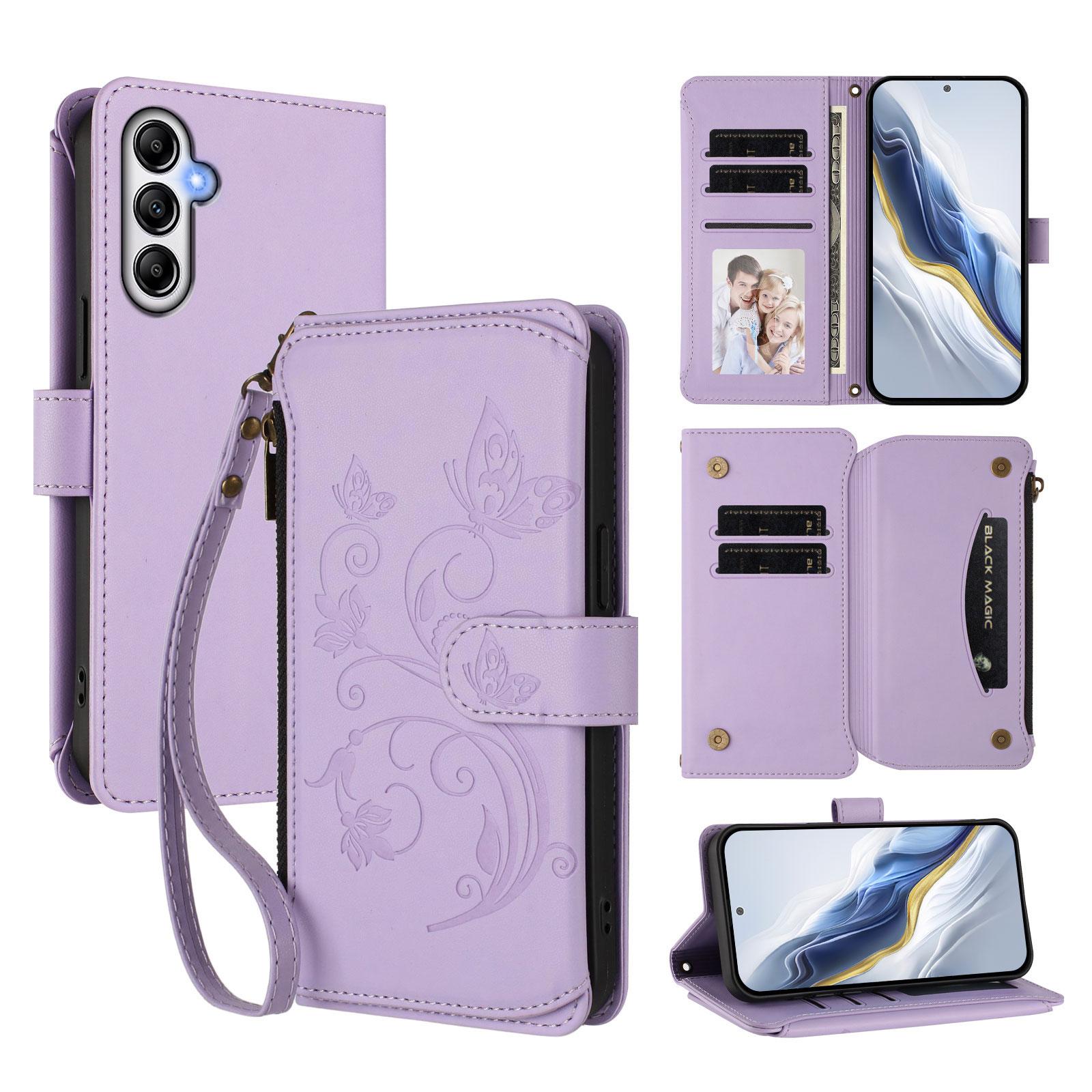 

For Samsung Galaxy A56 5G/Galaxy A36 5G Leather Case Butterfly Floral Imprint Zipper Wallet Stand Cover with Wrist Strap Light Purple
