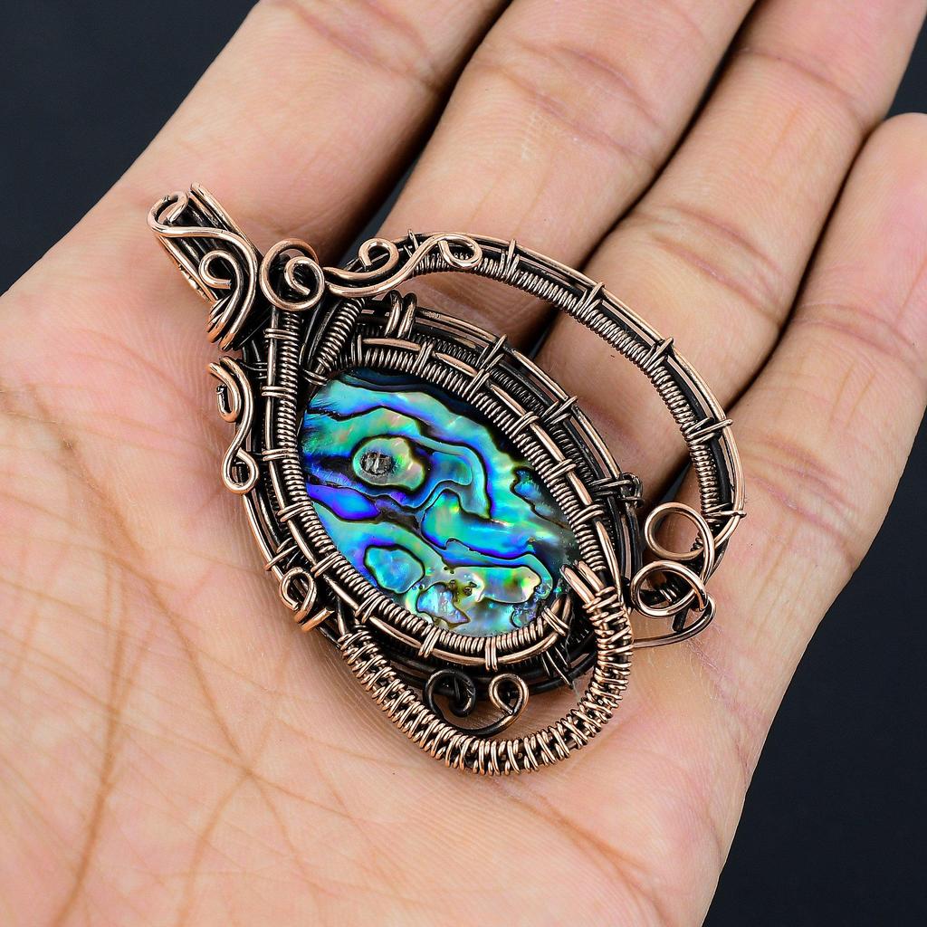 Abalone Shell 999 Copper Wire Wrapped Pendant, Handmade Gemstone Pendant Jewelry, Gifts For Wife Brand New Pendant