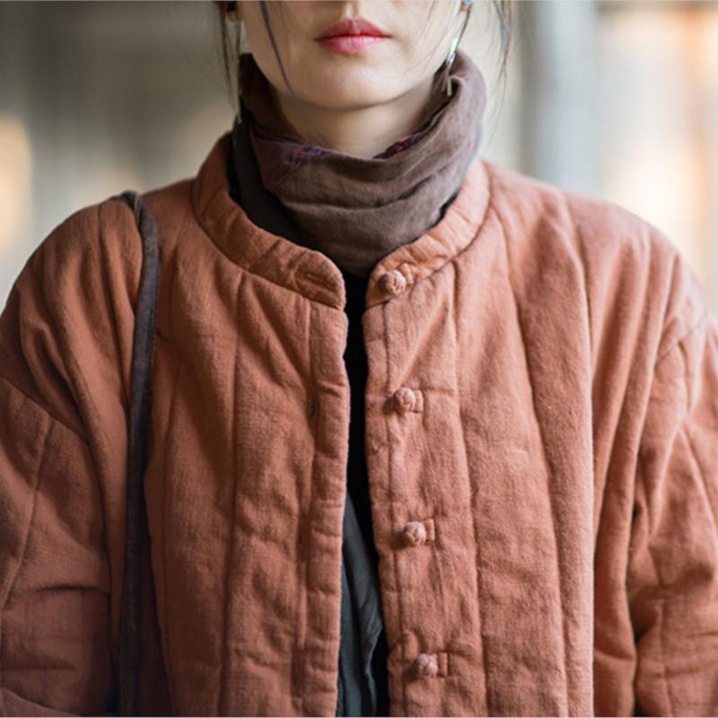 Johnature Women Vintage Winter Stand Long Sleeve Solid Color Coats Button Warm Coats