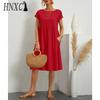 HNXC Women's Fashion Summer Spring Solid Color Print O-Neck High Waist Casual Dresses