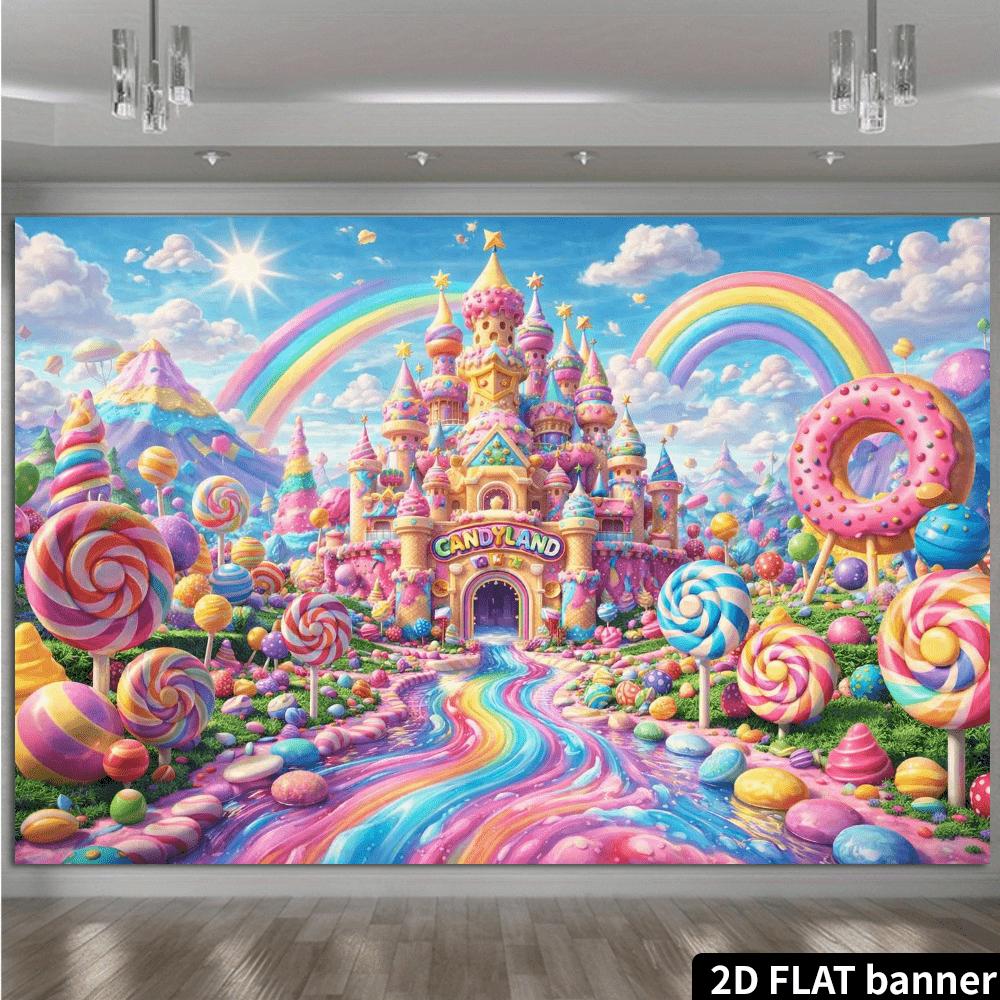 2D Plane Candy Castle Background Fabric - Double Rainbow Doughnut Theme - Wall Decoration - Multi-functional Celebration Items