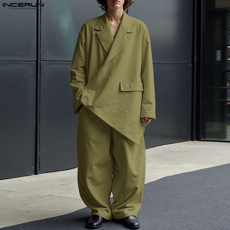 INCERUN Two Pieces Outfits Men Long Sleeve Side Cross Shirt and Long Harem Pants Sets