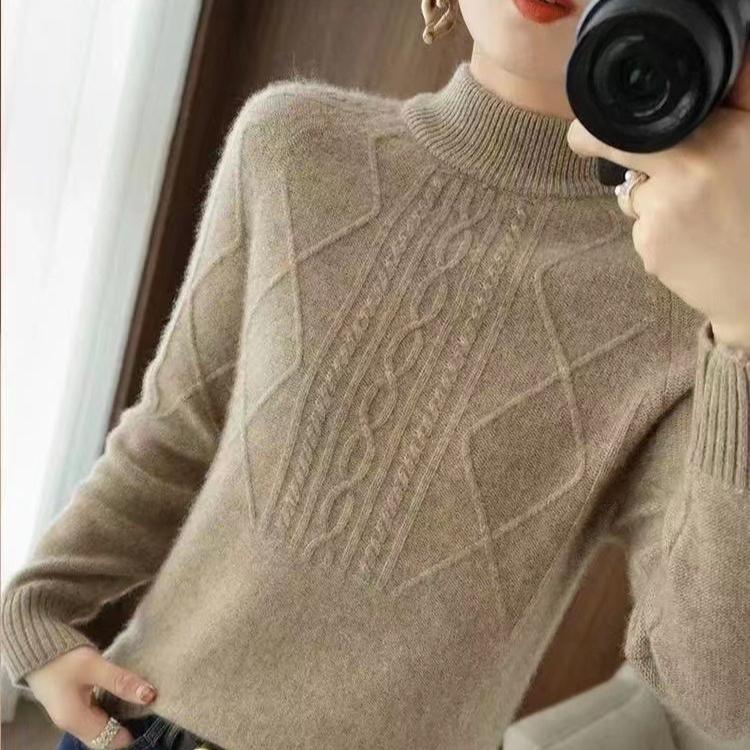 Half Turtleneck Sweater for Women Solid Color Casual Warm Knitted Sweater Thickened Loose Long-sleeved Pullover Autumn and Winter