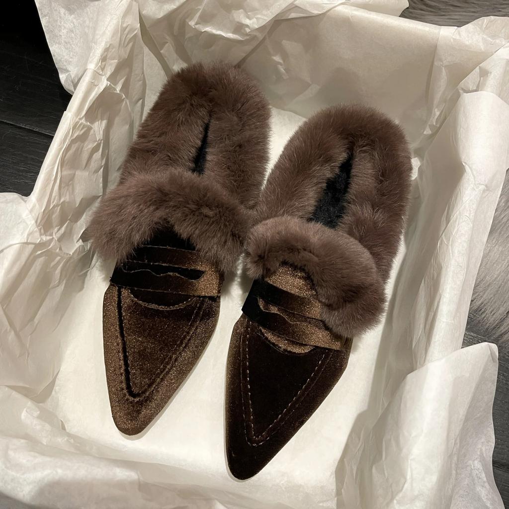 Fashion Fur Women Flats Cotton Boots Pointed Toe Suede Warm Shoes 2024 Winter Designer Snow Boots Short Plush Walking Sexy Lady Shoes