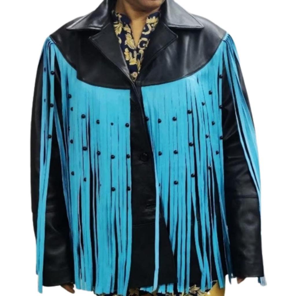 Noor Women Leather Tassal Jacket | Black & Sky Blue Color Fringe Western Ladies Jacket | Designer Beaded Jacket | Womens Special Gift