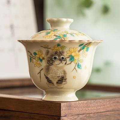 Cute Cat Ru Yao Porcelain Gaiwan Set For Tea Tureen Teaware Cup Chinese Yellow Ceramic Opening Tea Bowls Chawan Tea Ceramony