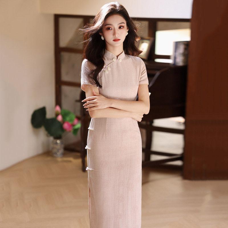 Pink national style new Chinese style Suzhou long cheongsam improved young 1011 new women's high sense daily summer