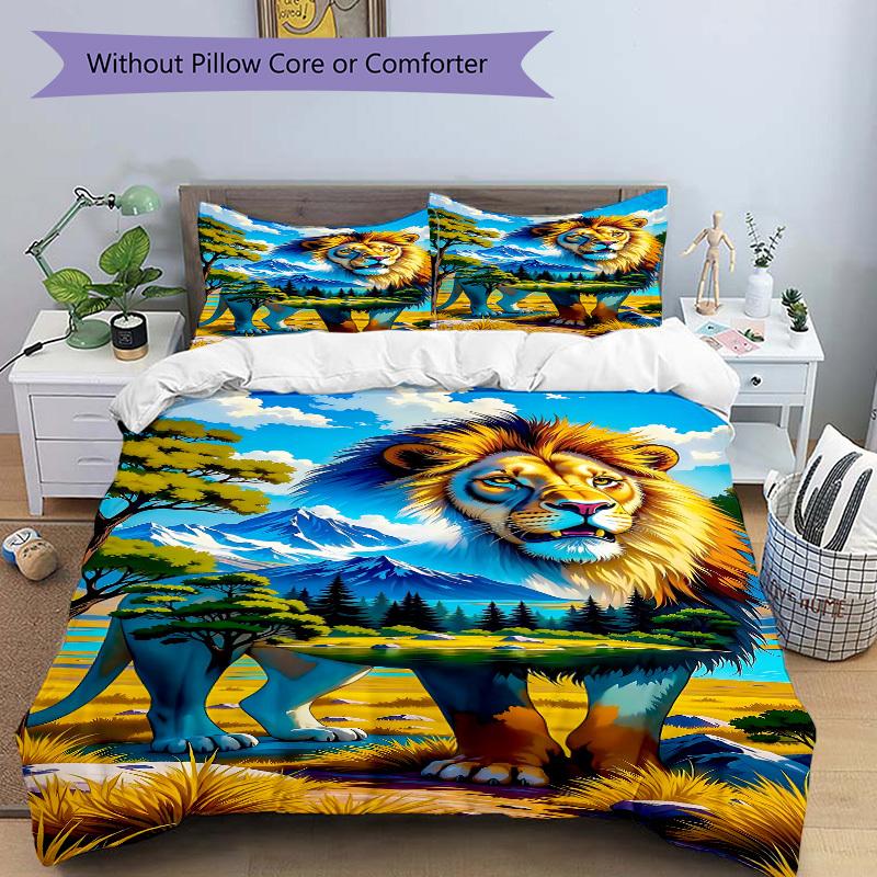 3pcs Lion Safari Duvet Cover Set -Includes 1 Duvet Cover and 2 Pillowcases, No Quilt Core, All-Season Home Decor  Yy251111117
