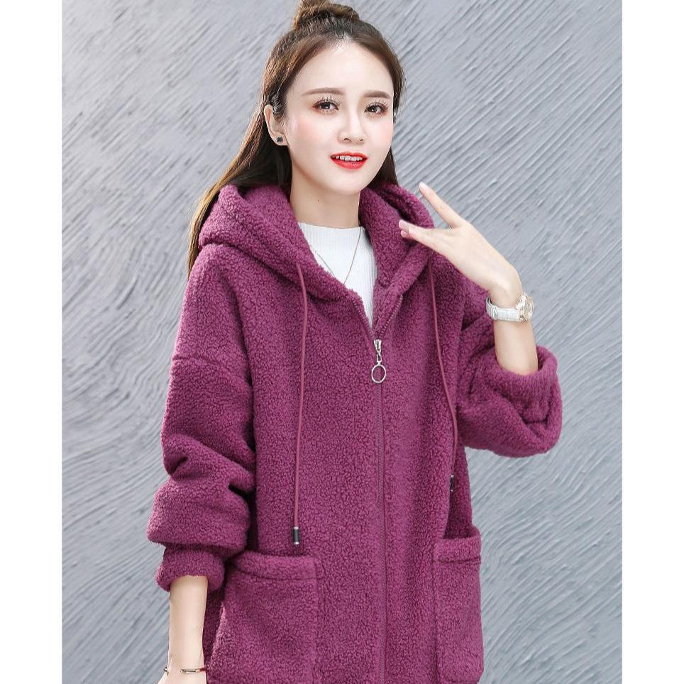 

Женская толстовка на молнии из овечьей шерсти с флисовой подкладкой – Свободный крой в корейском стиле, Осень/Зима, Толстый плюшевый флис. L бордовый