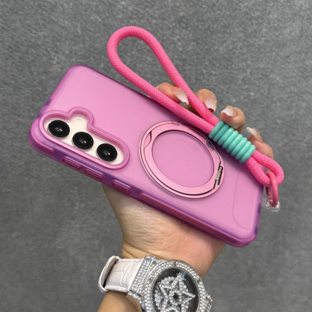 Matte Ring Magnetic Stand Holder Case For Samsung Galaxy S25 Ultra S24 Plus Translucent Wrist Strap Lanyard Shockproof Cover