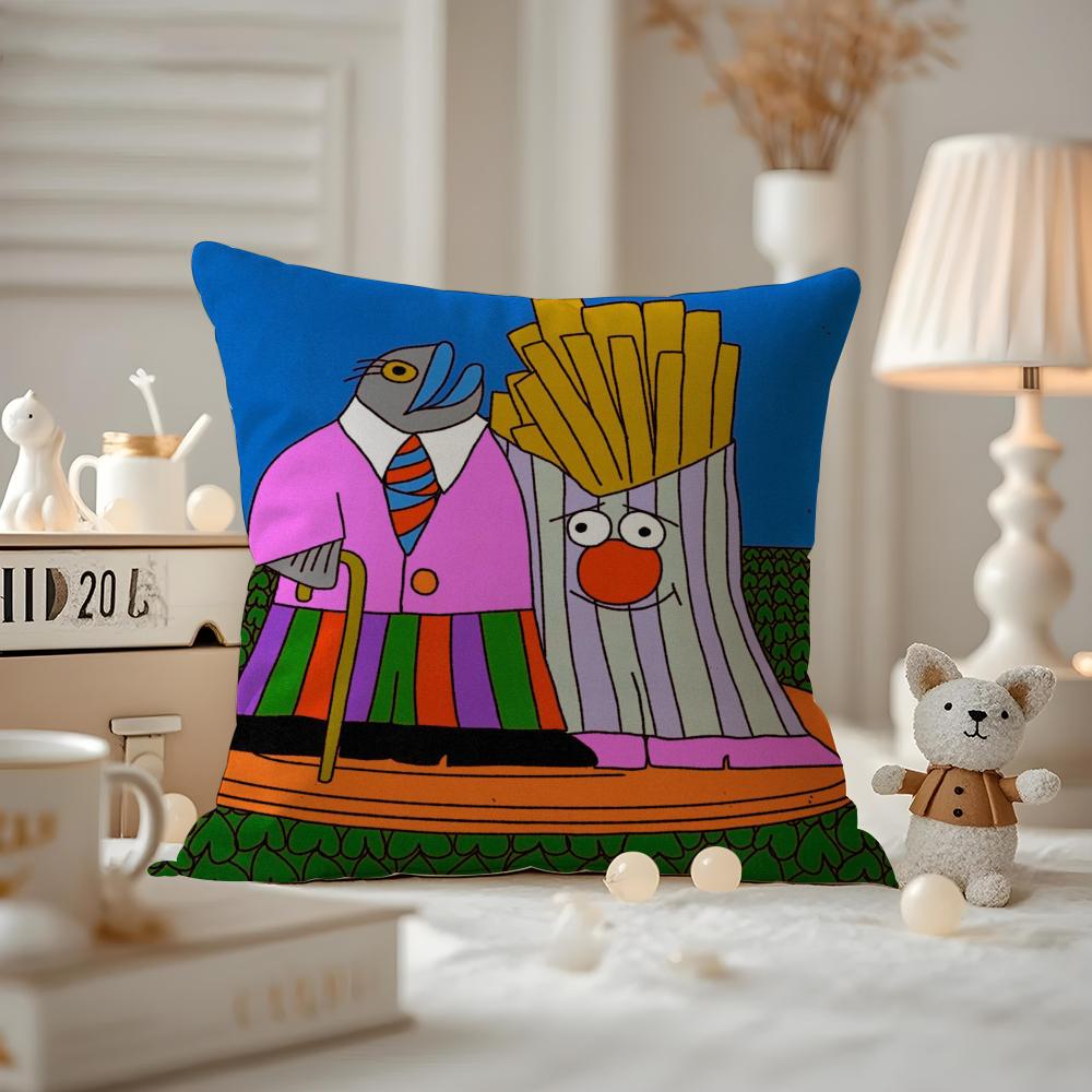 Cute Retro Illustration Cushion Cover Pattern Printed Pillowcase For Living Room Sofa Cushion Cover & Bedroom Decor