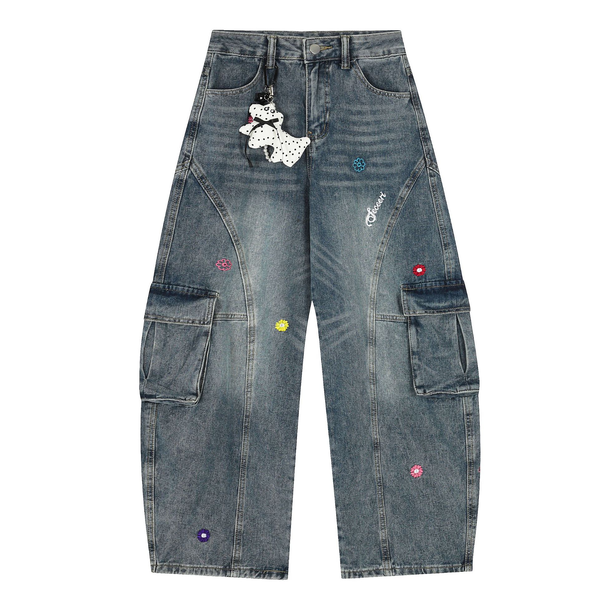 Trendy brand autumn American retro embroidery washed tooling jeans men s scimitar wide-leg trousers S