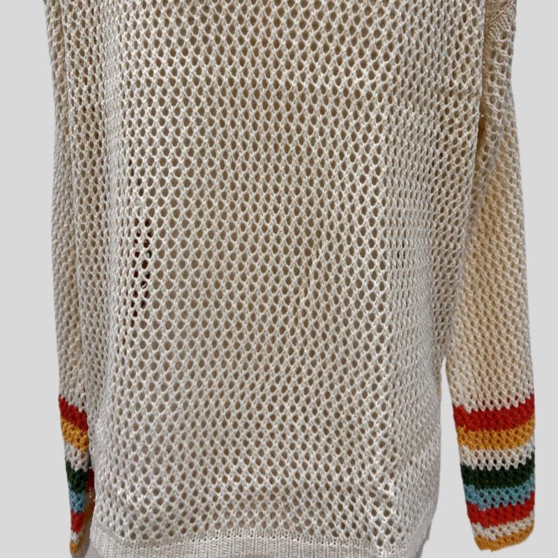 Ethnic Retro Crochet Rainbow Cardigan: Handmade Color Block Long Sleeve Knit Top
