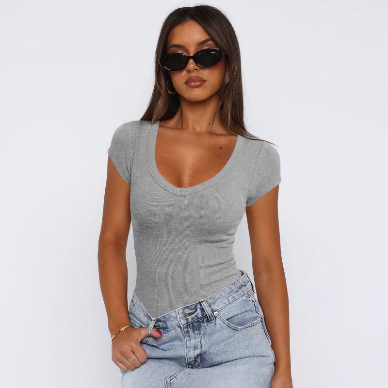 Letní dámské tričko se závitem svetr jednobarevný Spice dívčí móda top s krátkým rukávem