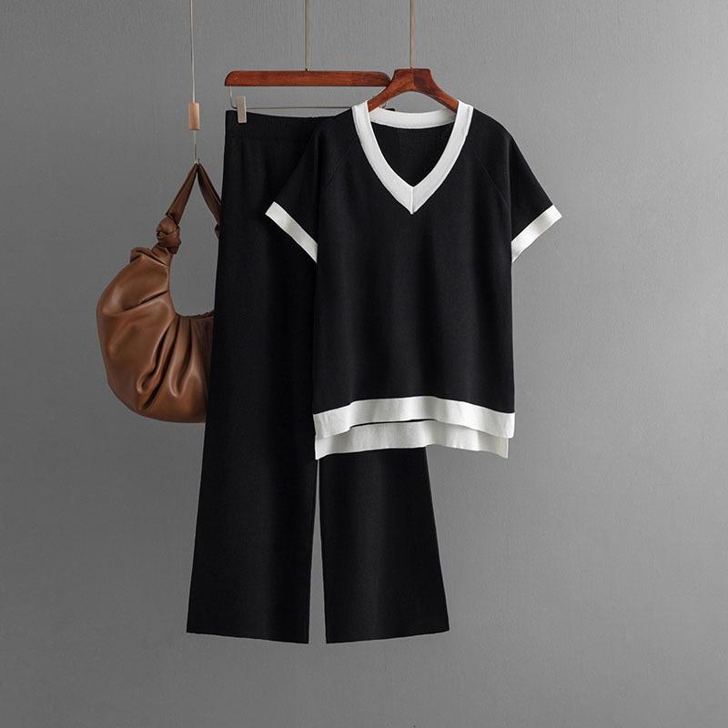 Simple and Fashionable Collar Short-sleeved Knitted Sweater High Waist and Thin Drape Trousers Contrasting Color Knitted Two-piece Set