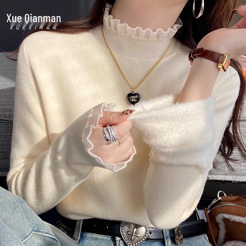 Women s Half-High Collar Fleece Lined Ribbed Sweater with Lace Trim M