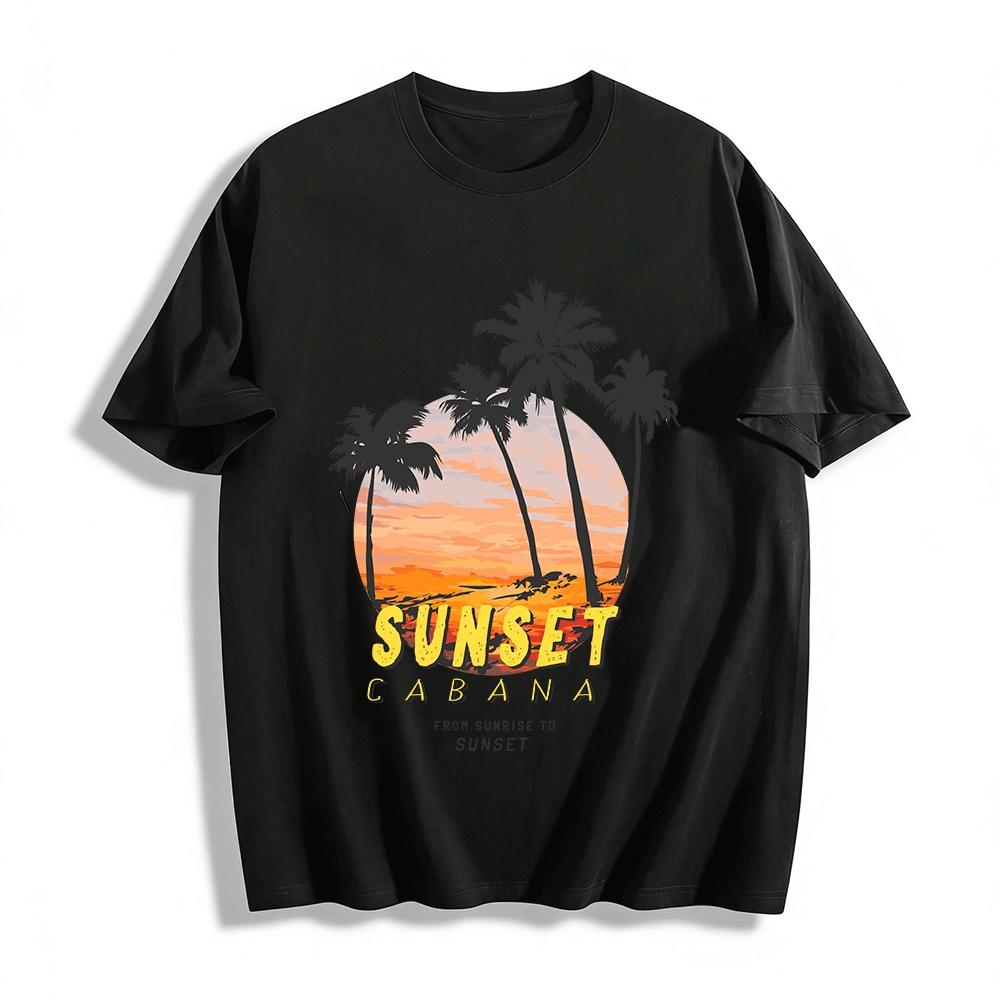 

Sunset Cabana Coconut Tree Print Beach Vacation Casual T-Shirt Pure cotton T-shirt XXS