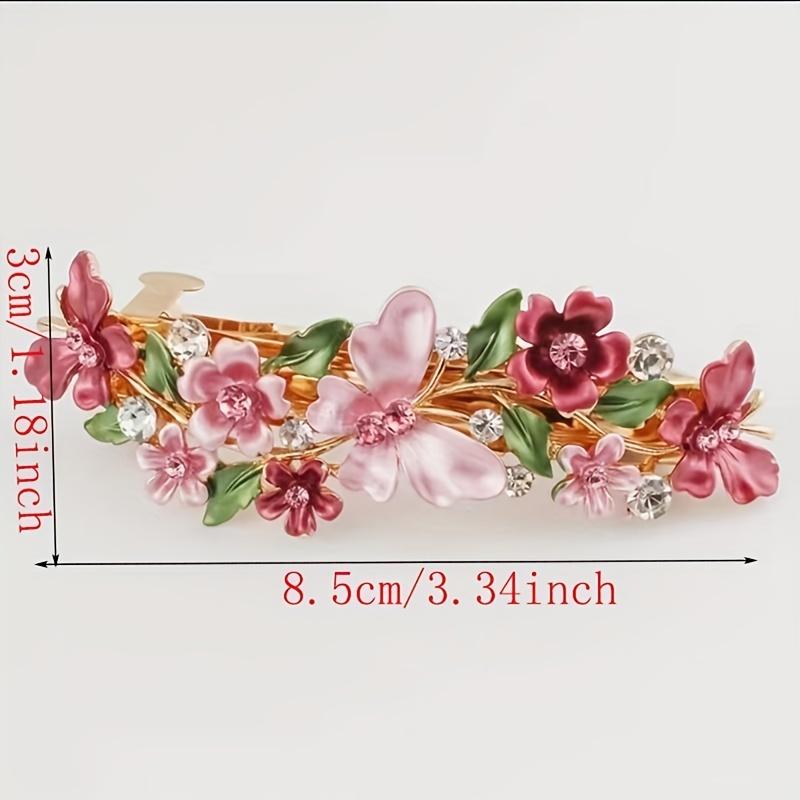 Single Bohemian Floral Rhinestone Hair Clip Large Rectangular Hairpin with Multicolor Enamel Flowers, Sparkling Crystals Golden Tone Accents for Women