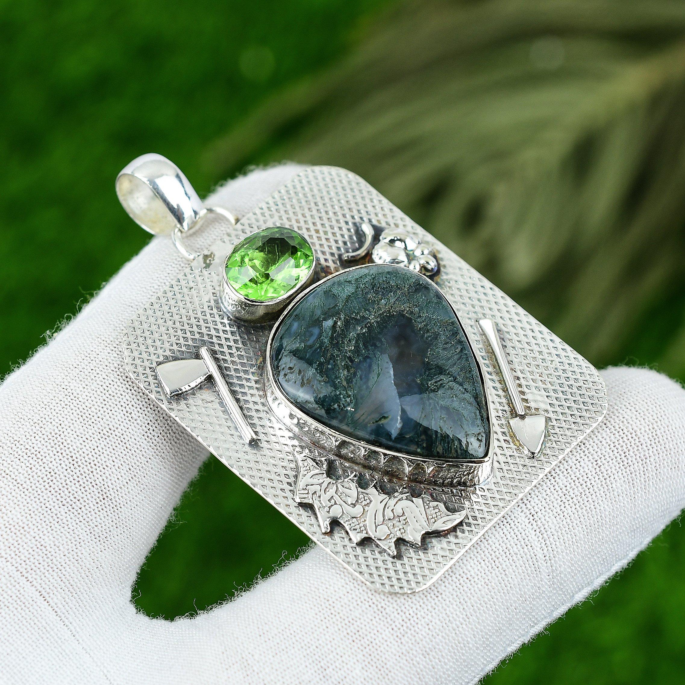 

Натуральный камень Моховой Агат, подвеска, зеленый, серебро 925 пробы