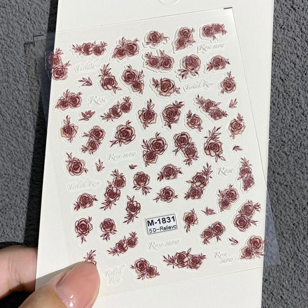 Embossed Black & White Rose Nail Art Stickers - Retro Gradient Floral Design