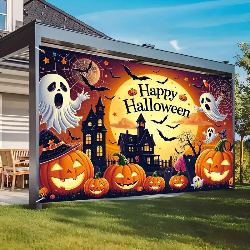2D Spooky Halloween Backdrop with Full Moon, Ghosts and Pumpkins Party Decoration Background