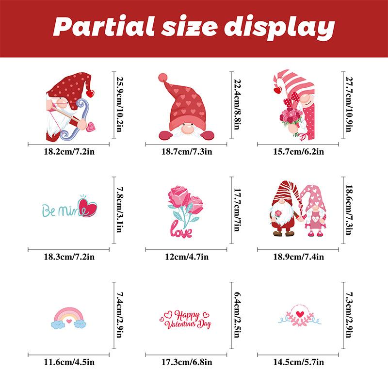 9pcs Valentine's Day Gnomes No Glue Static Sticker Window Glass Refrigerator Sticker