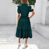Womens Summer Color Short Sleeve Button Tie Waist Boho Flowy Tiered Maxi Sundress