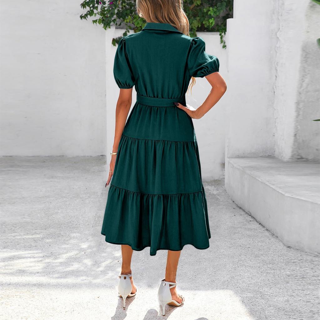 Womens Summer Color Short Sleeve Button Tie Waist Boho Flowy Tiered Maxi Sundress
