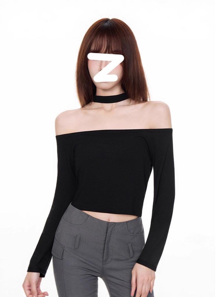 Minimalist Solid Color One Shoulder Crop Top With Spliced Long Sleeves For Casual Wear