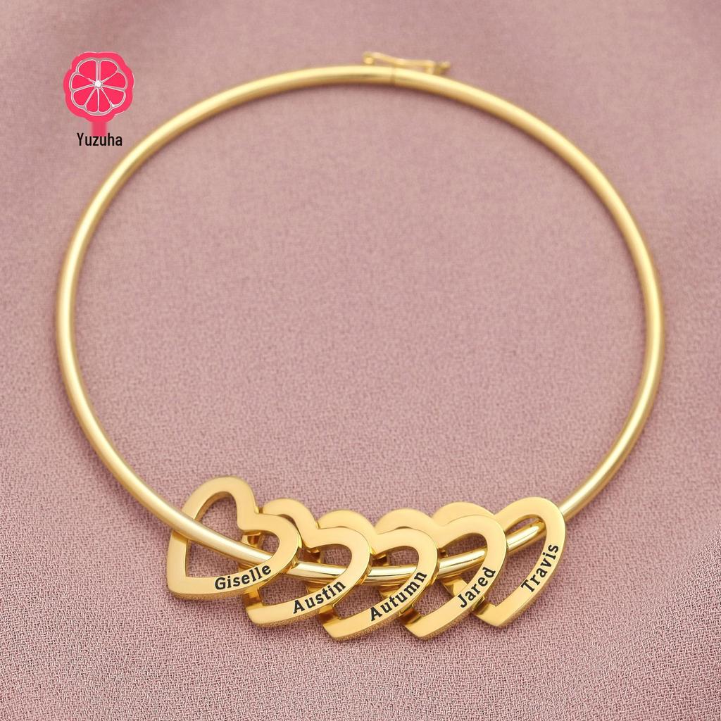 Personalized Stainless Steel Heart Bangle Bracelet - Custom Family Name Peach Heart Design, Perfect for Christmas Gift