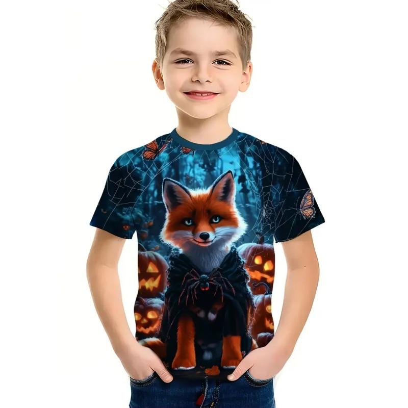 Round Neck 3D Pumpkin Animal Printed T-shirts Short Sleeved Children's Boy T-shirts - Soft Medium Stretch Polyester Fabric Summer Relaxed Fit Clothing