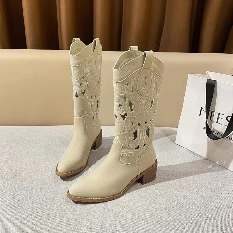

Fashion Hollow Out Booties Women s Knight Boots CowGirl Boots Breathable Footwear PU Leather Rubber Sole Simple Style Adult Footw 35