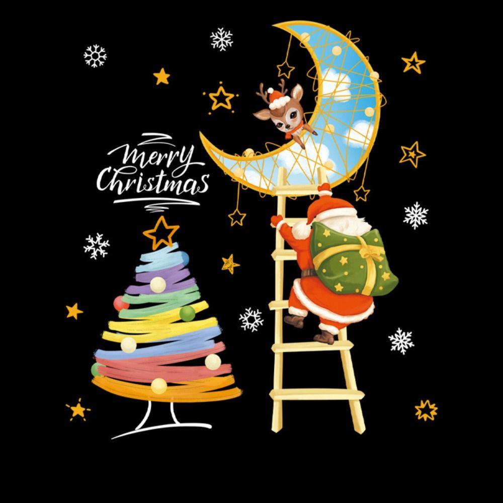 Cartoon Shopwindow Decals Santa Clause Reindeer Xmas Tree Sticker  Festival