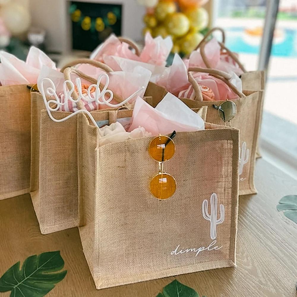 Custom Minimalist Cactus Beach Bag Bridesmaid Burlap Beach Tote Bags Wedding Bachelorette Party Bride To Be Bridal Shower Gift