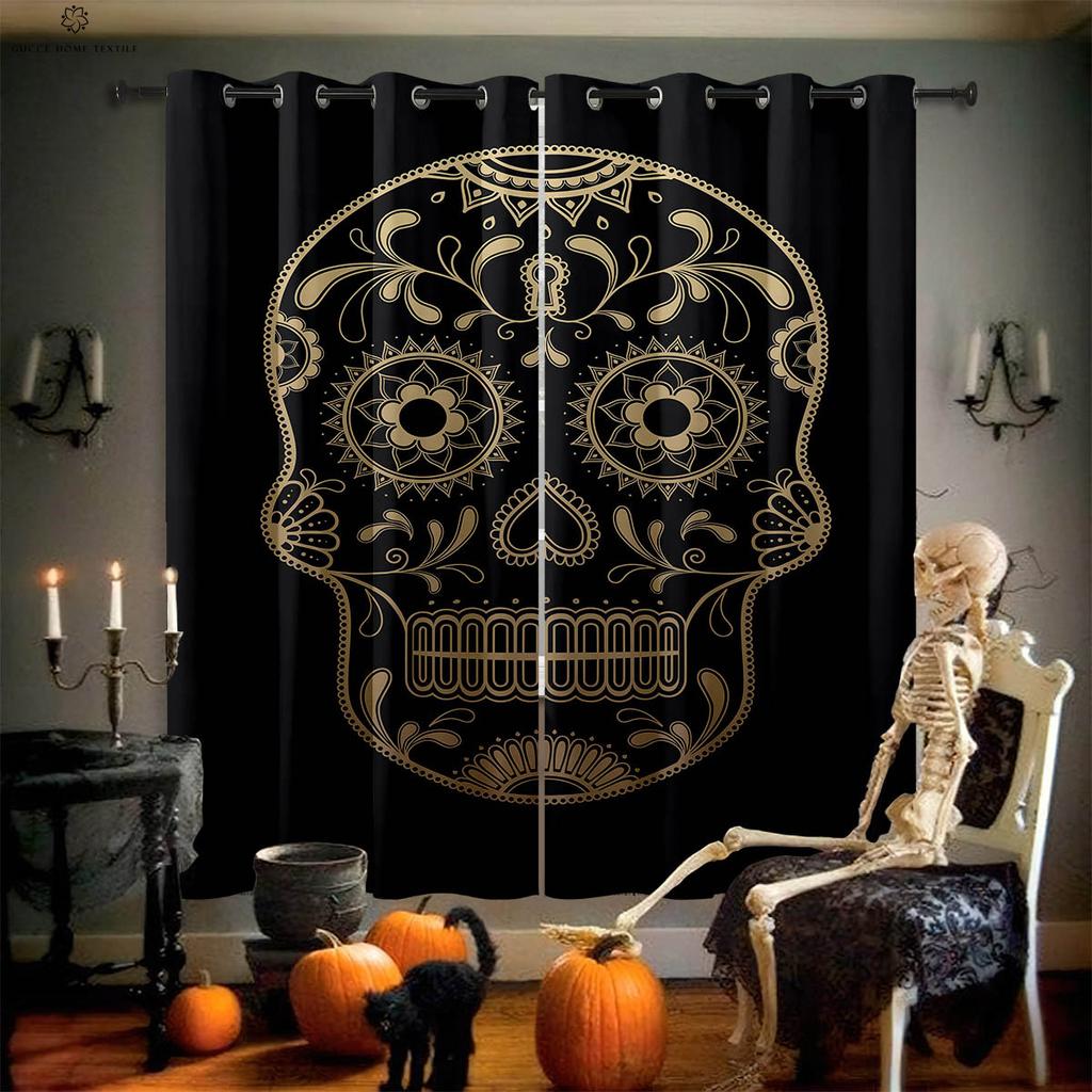 Skull Floral Butterfly Print Curtains for Dining Room, Bedroom, Living Room, Halloween, Holiday Party Decoration, 2 Pieces
