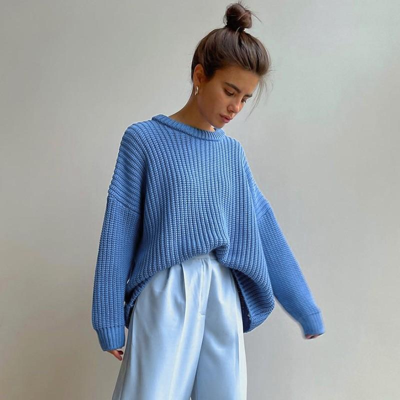 Pull ample à col rond pour femme, pull tricoté à manches longues, couleur unie, vent paresseux, automne et hiver