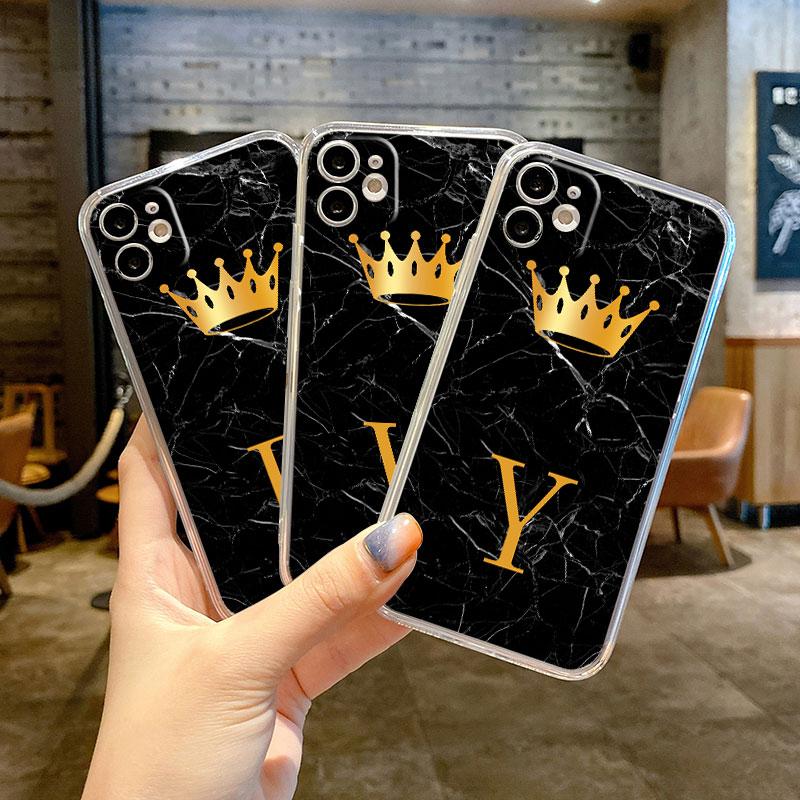 Gold Crown Letter Queen Case for iPhone 11 Pro X XS 12 Pro Max 13 Mini XR 14 Plus 8 7 6S SE 13 Silicone Cover Shell Funda